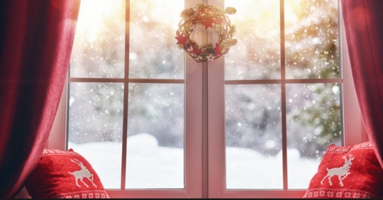 windows decorated for Christmas